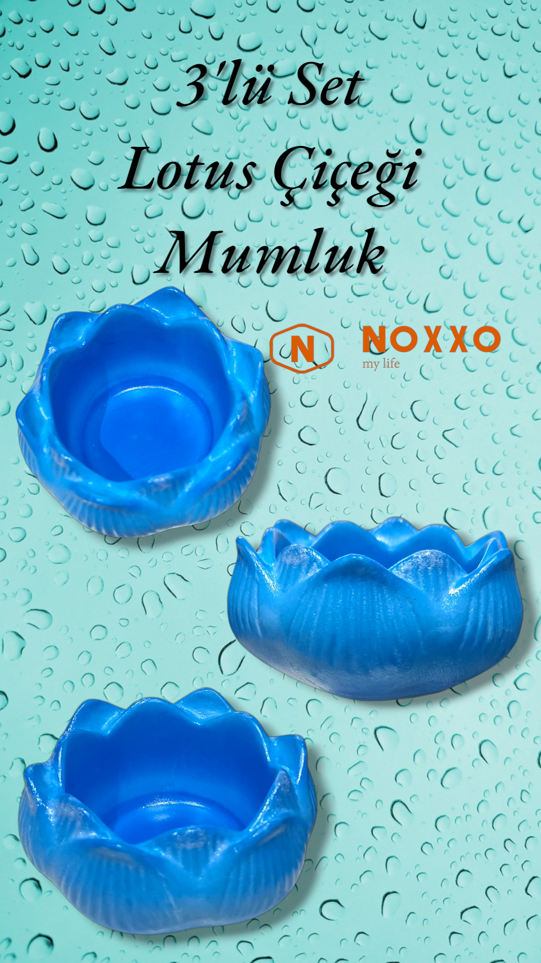 3 lü Lotus Çiçeği Mumluk Seti - Dekoratif Tealight Mumluk Beton Mavi