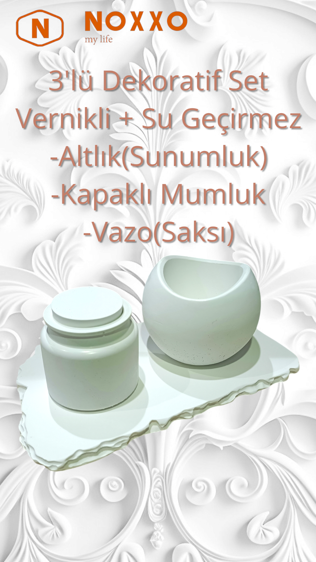Beton 3’lü Dekoratif Set: Sunumluk, Kapaklı Mumluk, Vazo (Saksı) Modern ve Minimal Tasarımlı