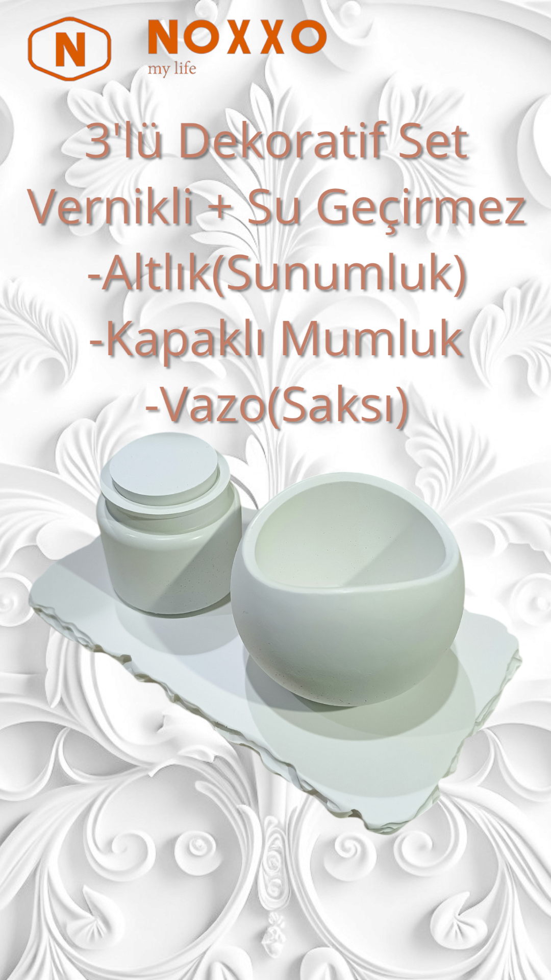 Beton 3’lü Dekoratif Set: Sunumluk, Kapaklı Mumluk, Vazo (Saksı) Modern ve Minimal Tasarımlı