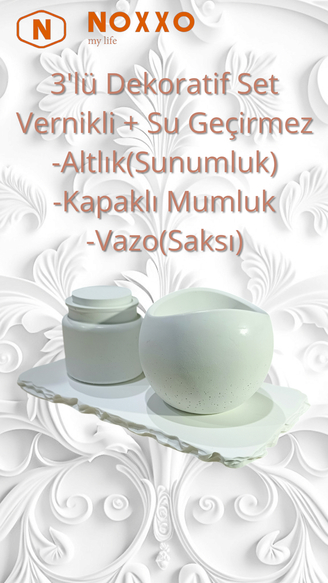 Beton 3’lü Dekoratif Set: Sunumluk, Kapaklı Mumluk, Vazo (Saksı) Modern ve Minimal Tasarımlı
