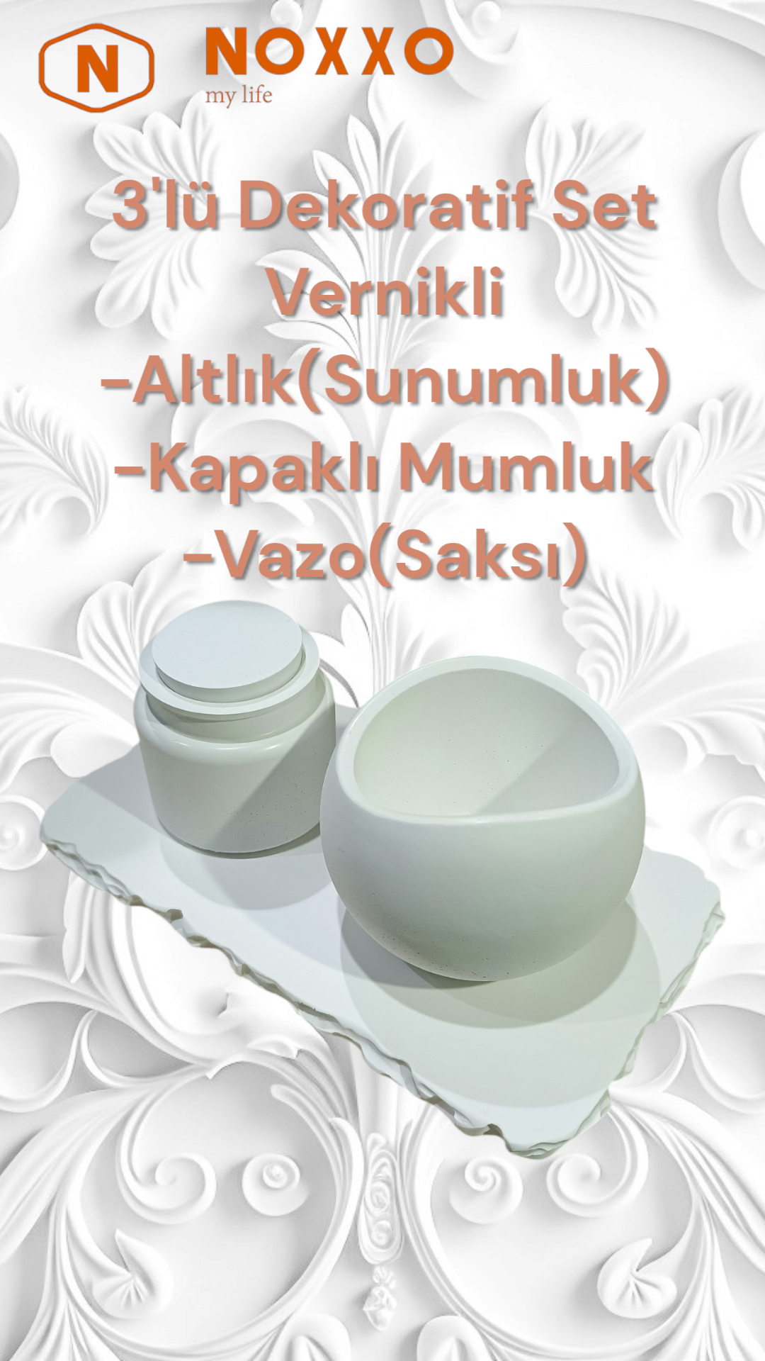 Beton 3’lü Dekoratif Set: Sunumluk, Kapaklı Mumluk, Vazo (Saksı) Modern ve Minimal Tasarımlı