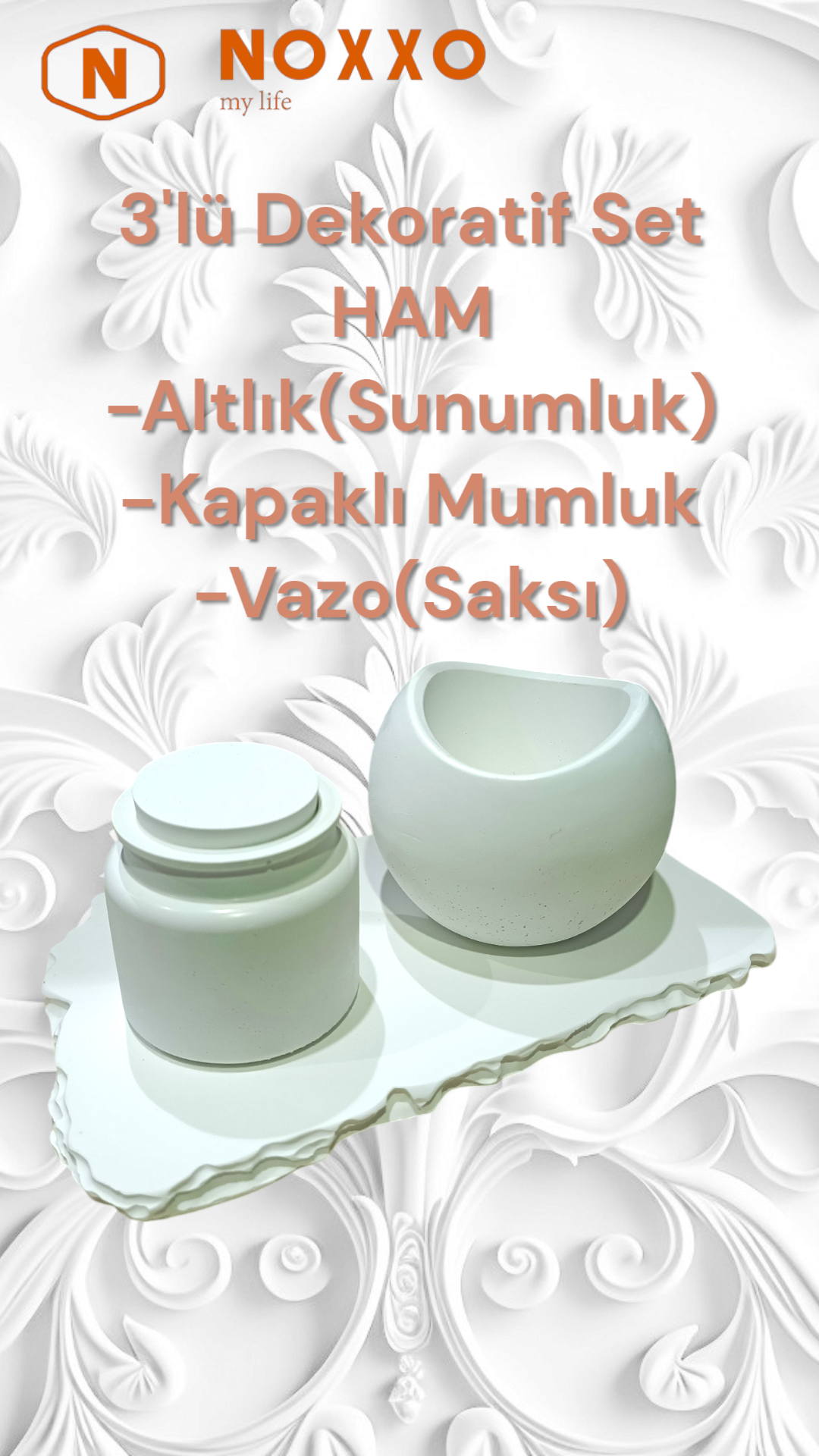 Beton 3’lü Dekoratif Set: Sunumluk, Kapaklı Mumluk, Vazo (Saksı) Modern ve Minimal Tasarımlı