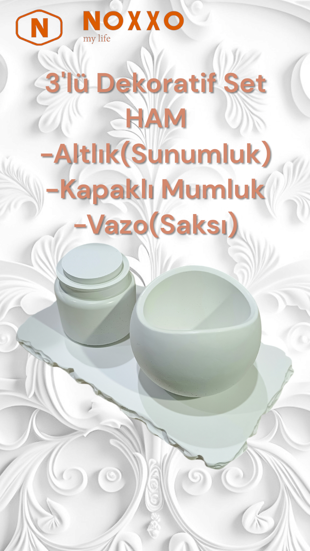 Beton 3’lü Dekoratif Set: Sunumluk, Kapaklı Mumluk, Vazo (Saksı) Modern ve Minimal Tasarımlı