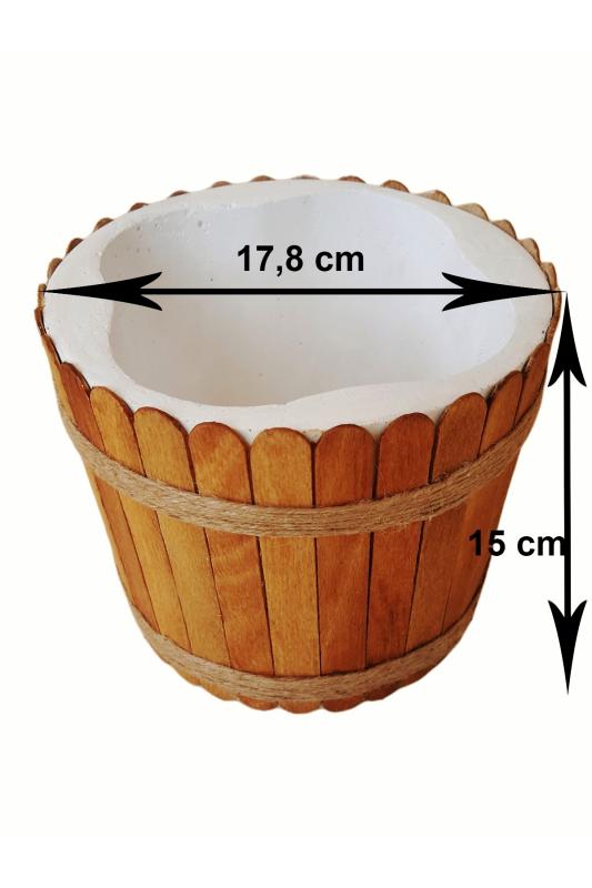 Dekoratif Büyük Boy Beton Saksı Ahşap Ve Jüt İp Dekorlu