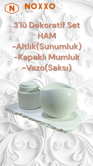 Beton 3’lü Dekoratif Set: Sunumluk, Kapaklı Mumluk, Vazo (Saksı) Modern ve Minimal Tasarımlı